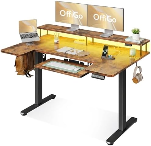 OffiGo 55 Inch U Shaped Standing Desk with Keyboard Tray, Rustic Brown