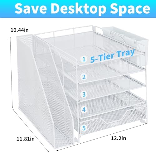 5-Tier Desk File Organizer with Drawer & Pen Holder (White)