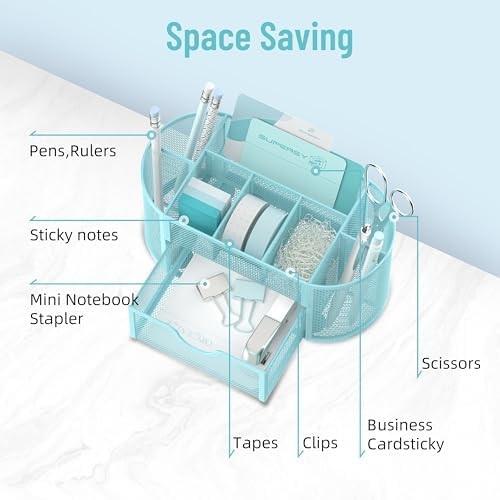 Mesh Desk Organizer with Drawer, 9-Compartment Pen Holder for Desk, Blue