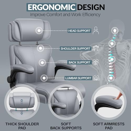 Office Chair, Ergonomic Big and Tall Computer Desk Chair with Retractable Adjustable Headrest, Executive Breathable Leather Chair, Lumbar Support Swivel Flip-up Armrests Rocking Function,Matte Gray