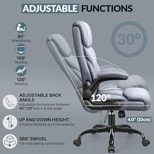 HeroSet Office Chair, Ergonomic Big and Tall Computer Desk Chairs, Executive Breathable Leather Chair with Adjustable Flip-up Armrests, Lumbar Support Swivel PC Chair with Rocking Function,Matte Gray