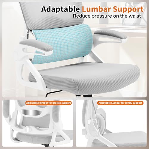 Ergonomic Office Chair,Mesh Office Chair with Lumbar Support,Mid Back Desk Chair with Flip-up Arms,400 lbs Comfy Computer Chair for Home Office (Off-White Gray)
