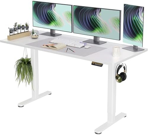 Claiks Electric Standing Desk, Adjustable Height Stand up Desk, 63x24 Inches Sit Stand Home Office Desk with Splice Board, White Frame/White Top
