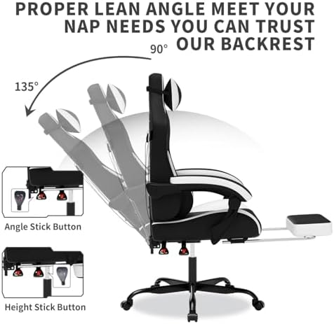 Gaming Chair with Massage,Ergonomic PC Gaming Chair with Footrest Comfortable Headrest and Lumbar Support,High Back PVC Leather,300LBS (Black White)