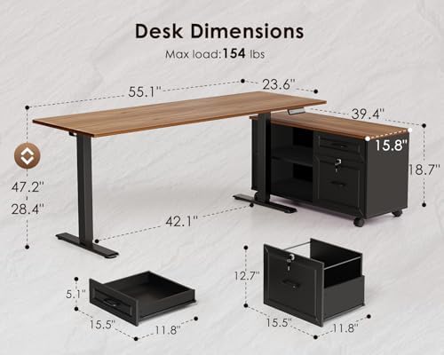 OffiGo 55" L Shaped Electric Standing Desk with Cabinet Sets, Walnut/Black