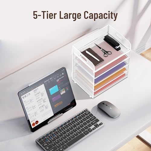 Supeasy 5 Trays Paper Organizer Letter Tray with Handle-Mesh Desk File Holders, Paper Sorter Desk Organizer for Office, Home, Classroom or School, White