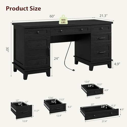 IDEALHOUSE 60" Farmhouse Home Office Executive Computer Desk with Drawers