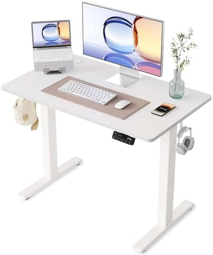 YIHAYO Electric Standing Desk, 40 x 24 Inches Stand Up Desk with Splice Board, Adjustable Height Desk, Computer Desk for Home Office, White Frame/White Top