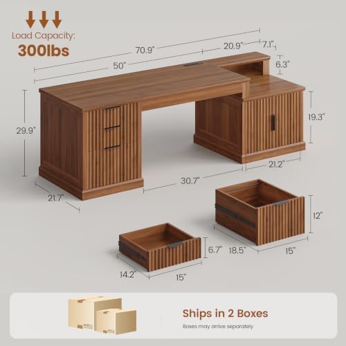 SEDETA 70.9" Executive Desk, Fluted Office Desk with Drawers, Fluted Brown