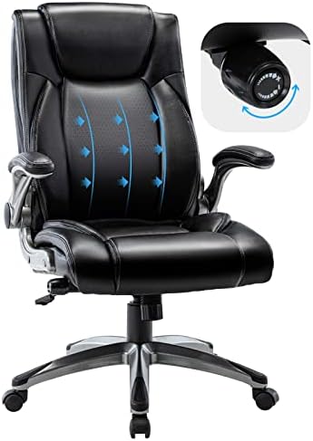 COLAMY Executive Office Ergonomic Chair with Thick Bonded Leather, Flip-up Armrests, High Back Adjustable Height and Tilt for Working, Study, Gaming