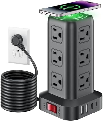 Extension Cord with Multiple Outlets, SMALLRT Power Strip Tower, 10FT Outlet Extender with 12 AC Outlets 4 USB, Power Strip with USB Ports for Home Office Dorm Room,Overload Protection