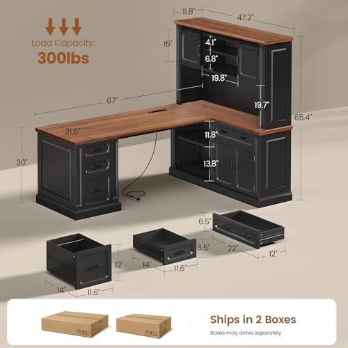 SEDETA 67" Farmhouse Executive L Shaped Desk with Hutch