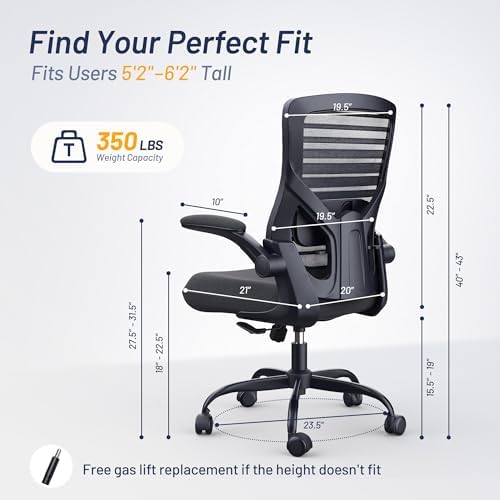Office Desk Chair for Long Hours & Lower Back Pain Relief – 4“ Thick Molded Foam Cushion, Enhanced Lumbar Support, Padded Flip-up Armrests, Ideal for Office or Study, Black