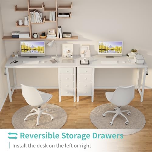 Lufeiya White Computer Desk with Drawers, 47 Inch Reversible Study Work Writing Desk for Home Office Bedroom, Simple Modern Cute PC Desks with Fabric Drawer, White
