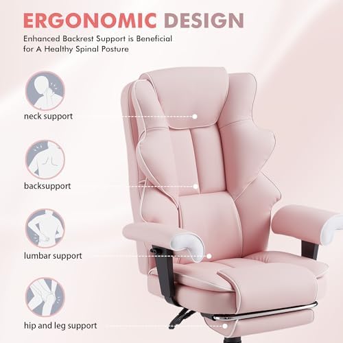 HOMREST 6-Point Massage Executive Chair,Heat Office Chair,Ergonomic Home Office Desk Chairs with Retractable Footrest and Reclining Function,Leather Computer Chair with Adjustable Armrest(‌Pink)