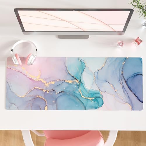 QiyI PU Leather Large Mouse Pad, 31.5" x 11.8", Blue Pink Fluid