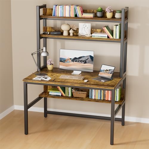 Aquzee Computer Desk with Hutch, 55 Inch Desk with Shelves