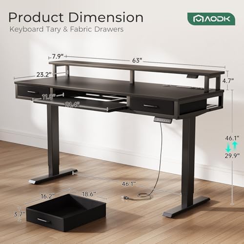 AODK 63 Inch Electric Standing Desk with Drawers & Keyboard Tray, Black