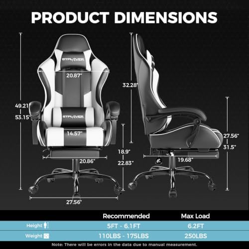 GTPLAYER Gaming Chair, Computer Chair with Footrest and Lumbar Support, Height Adjustable Game Chair with 360°-Swivel Seat and Headrest and for Office or Gaming (Pearl White)