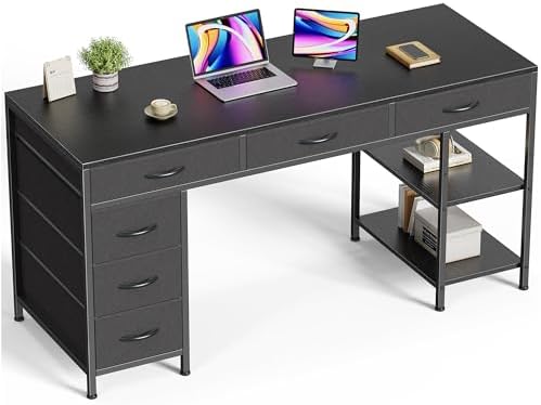 Huuger Computer Desk with 6 Drawers, Office Desk with Shelves, Reversible Gaming Desk, Corner Desk with Storage, Work for Home Office, Study, Living Room, 54inch, Black