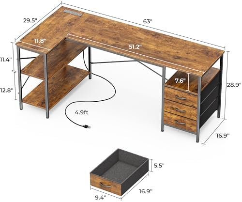 Huuger L Shaped Office Desk with Power Outlets & 3 Drawers