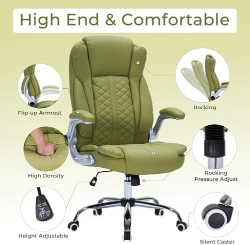 400lbs Executive Office Chair with Flip-Up Armrests, Big and Tall Computer Chair for Heavy People, Heavy Duty Ergonomic Comfy Chair, Breathable PU Leather (Green)