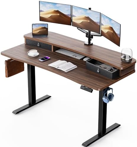 HUANUO 55" x 26" Electric Standing Desk with 2 Drawers, C-Clamp Mount Compatible, Height Adjustable Computer Desk, Home Office Stand Up Desk with 4 Preset Heights & 2 Hooks, Walnut