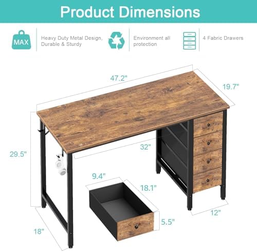 Lufeiya 47 inch Computer Desk with 4 Drawers, Reversible Writing Work Study Desk for Home Office Bedroom, Modern Simple Student PC Desks, Rustic Brown