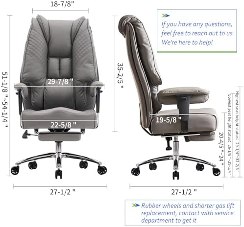 EXCEBET Big and Tall Office Chair 400lbs Wide Seat, Leather High Back Executive Office Chair with Foot Rest, Ergonomic Chairs Lumbar Support for Lower Back Pain Relief (Grey)