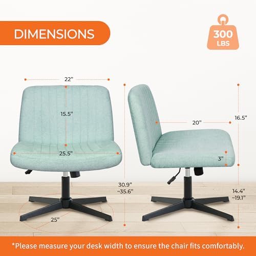 NEO Chair Criss Cross Chair No Wheel Vanity Desk Chair Wide Armless Cross Legged Office Comfy Makeup Adjustable Computer Task for Home Office Fabric (Mint)