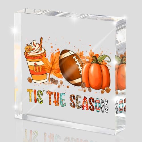 Fall Football Pumpkin Acrylic Sign 4x4in, Thanksgiving Home Office Decor