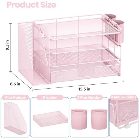 OPNICE Desk Organizer, 4-Tier Desktop File Organizer with Drawer and Pen Holders, Office Desk Accessories, File Sorters, Workspace Organizers for Office Supplies(Pink)