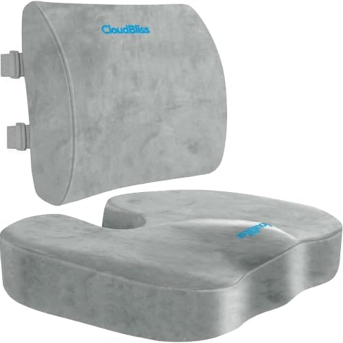 CloudBliss Lumbar Support Pillow & Seat Cushion Set for Office Chair,Desk Chair,Wheelchair & Car–Memory Foam Back Support, Ergonomic Chair Cushions, Sciatica Pain Relief,Home Essentials(Light Grey,XL)