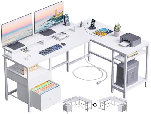 Furologee White 59” L Shaped Desk with Power Outlet, Reversible Computer Desk with File Drawer & 2 Monitor Stands, Corner Home Office Table with Storage Shelves for Gaming Writing