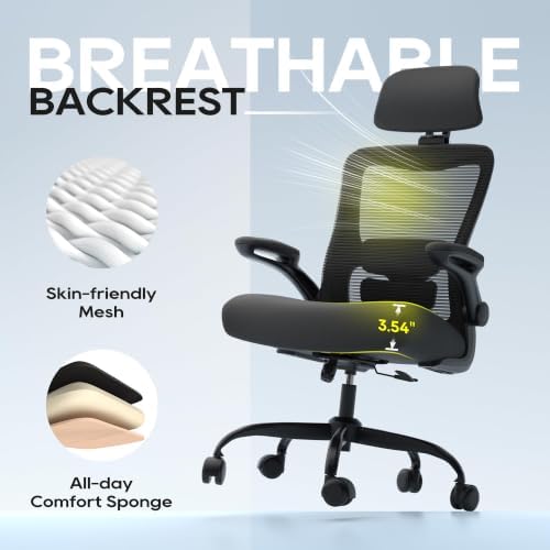 Ergonomic Office Chair for Long Hours, Adjustable Padded Lumbar Support for Lower Back Relief, 330 lb Capacity, Comfortable Computer Desk Chair for Home Office, Work & Study