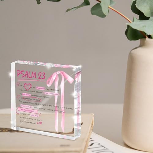 Pink Bow Room Decor, Valentines Day Decor, Inspirational Bible Verse Quotes, Christian Psalm 23 Gifts for Women, Coquette Aesthetic Bow Dorm Decoration, Acrylic Office Desk Accessories Decoration
