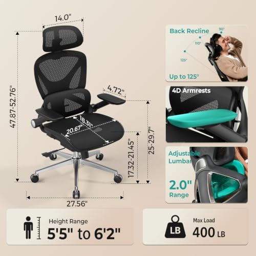 CAPOT Ergonomic Mesh Office Chair, Adjustable Lumbar High Back Desk Chair 400lbs, 4D Flip-up Arms, 3-Level Tilt Backrest, 3D Headrest, PU Wheels, Swivel Rolling Computer Seating for Long Desk Work