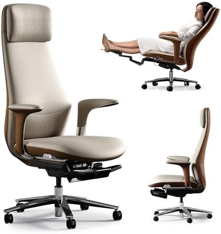 TOMU Executive Office Chair with Foot Rest, Top Grain Genuine Leather Office Chair, Ergonomic High Back Design. Real Leather, Wheels, Alumium Base. Padded Armrest, Luxury and Comfy (Beige)