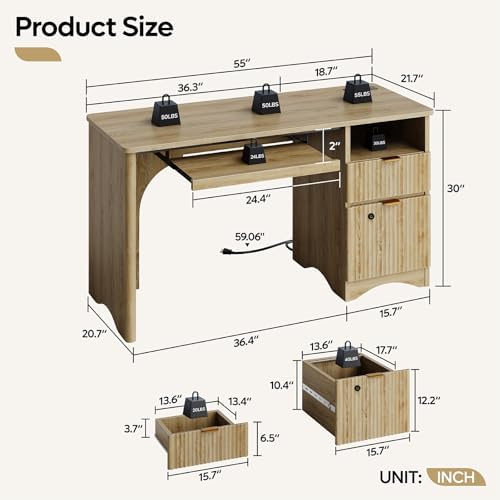 Bestier 55" Desk with Fingerprint Lock & Charging, Keyboard Tray, Oak