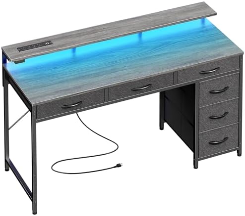 Huuger Gaming Desk with 6 Drawers, Computer Desk with LED Lights Power Outlets and Type-C, 47 Inch Office Desk with Storage, Monitor Stand, Writing Work Desk Home Office, Bedroom, Study, Grey