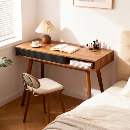 Walnut Wood Desk with Drawer, 42.5" Mid Century Modern Writing Desk
