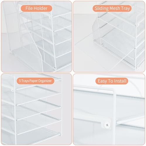 LEKETREE Desk Organizers and Accessories, 5-Tier Paper Letter Tray Organizer with File Holder, Desktop Organizer for Office Supplies (White)