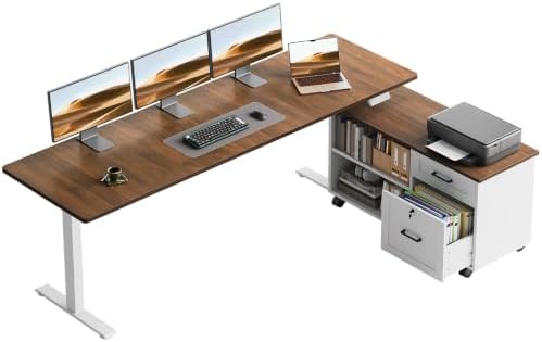 OffiGo 71" L Shaped Electric Standing Desk with Cabinet Sets, Walnut/White