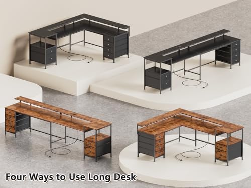 Furologee 66'' L Shaped Gaming Desk with 6 Drawers, LED, Outlets, Black