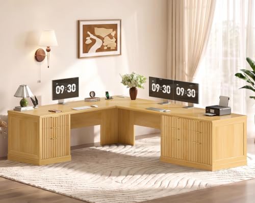 SEDETA Fluted 78.8" L Shaped Desk with 6 Drawers, Fluted Oak