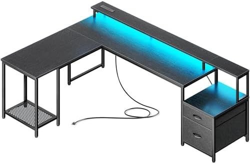 PRAISUN 66" L Shaped Gaming Desk with LED Lights & Power Outlets