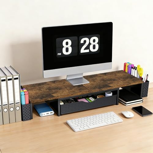 Spacrea Wood Dual Monitor Stand Riser with Drawer and 2 Pen Holders