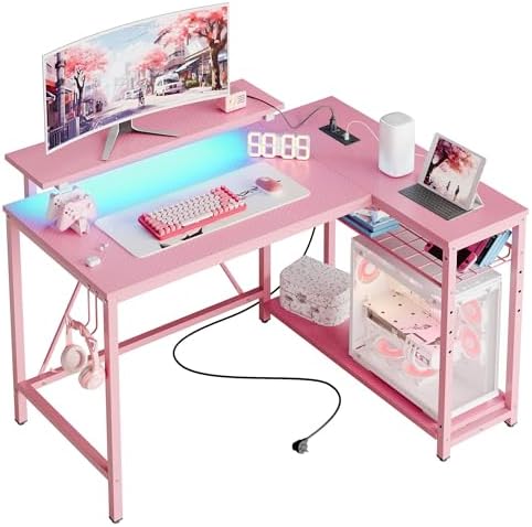 Bestier 42-Inch Pink L-Shaped Gaming Desk with Charging & LED