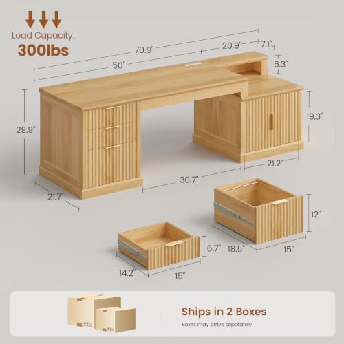 SEDETA 70.9" Executive Desk, Fluted Office Desk with Drawers, Fluted Oak