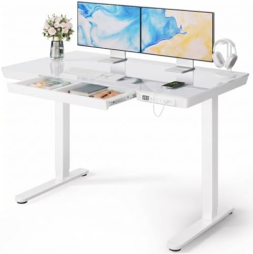 Marsail 47.24 inch Glass Standing Desk with 2-Zone Drawer Storage, White